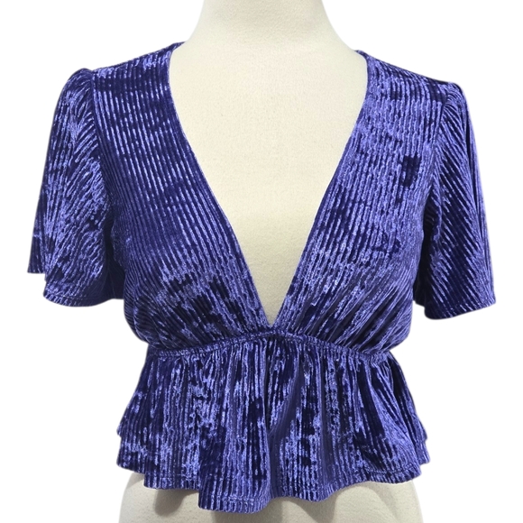 Urban Outfitters Tops - Urban Outfitters Purple Velvet Ribbed Peplum Top Deep V-Neck Flutter Sleeve M